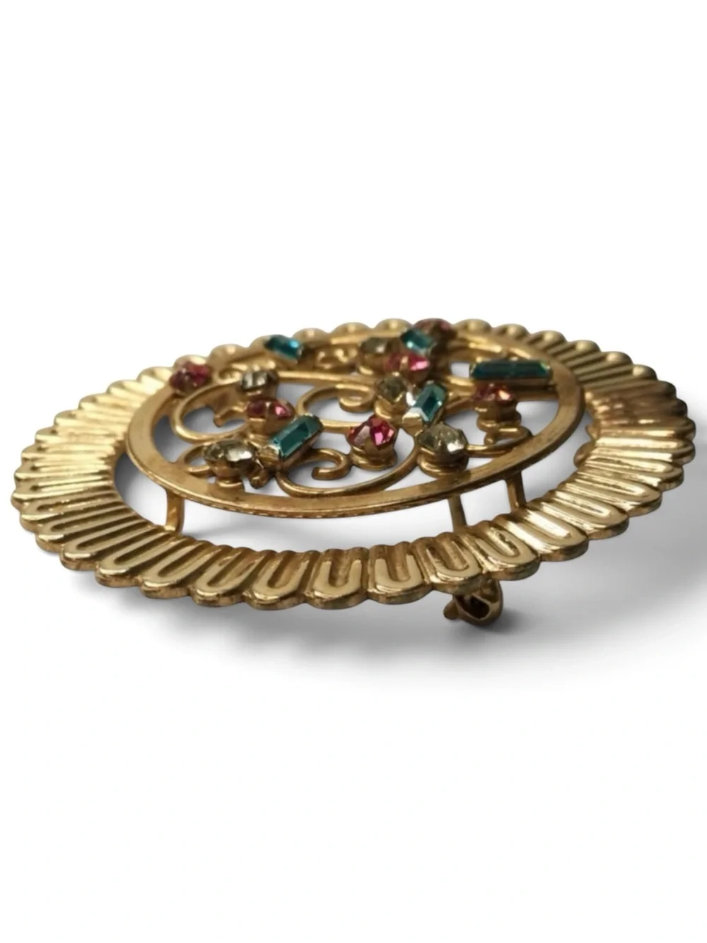 Vintage REGEL 12K GF Filigree Brooch – Multicolor Baguettes & Rhinestones